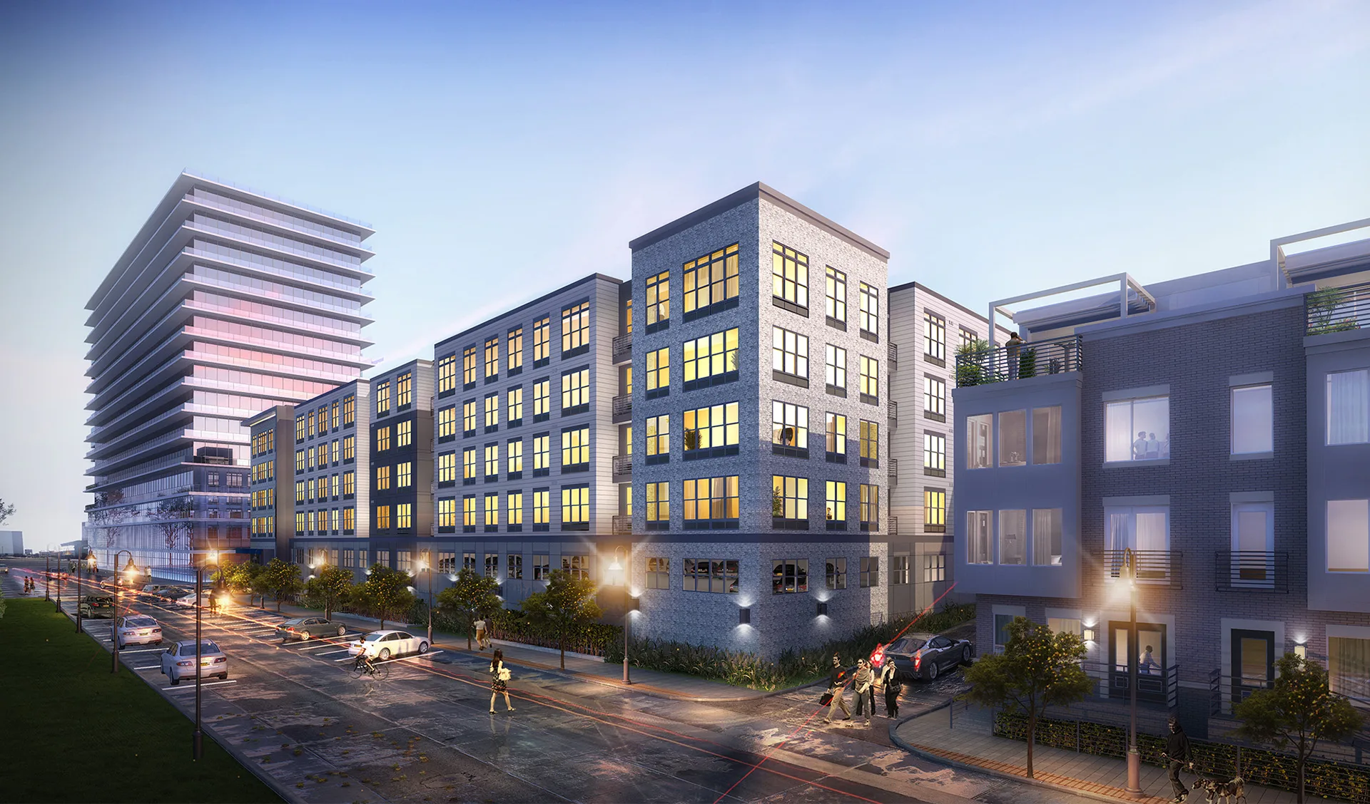 Rendering of SURFHOUSE Asbury Park luxury apartments at dusk
