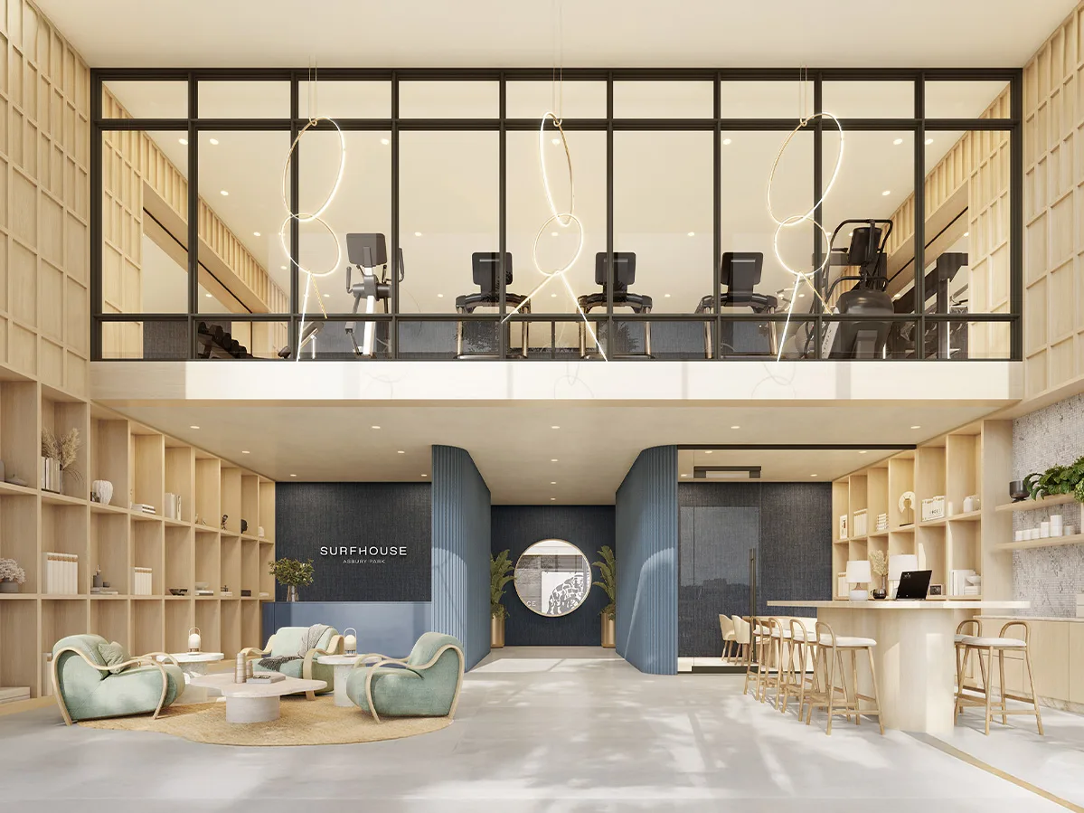 SURFHOUSE apartments in Asbury Park NJ - lobby with modern seating and state-of-the-art fitness center