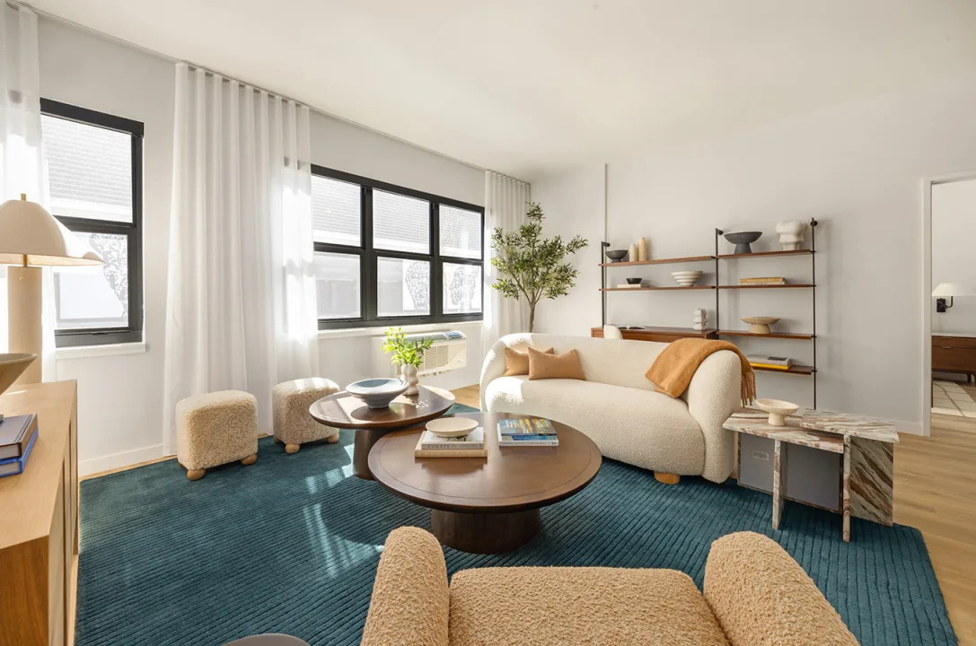 Asbury Park Apartment with bouclay furniture, teal carpet and decorated shelf